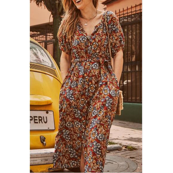 FAHERTY NWT Carmel LInen Blend Red Floral Tie Waist Dress // XS - Picture 1 of 15